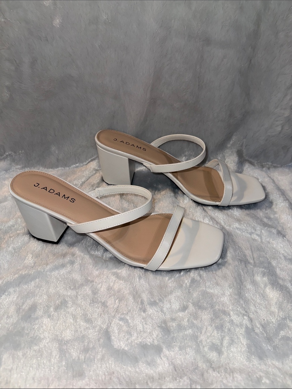 J. Adams White Double-Strap Square-Toe Heeled Mules